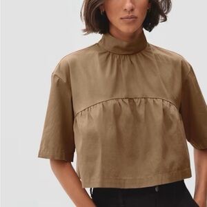 Everlane The Tiered Mockneck Top Brown Cropped Cotton Poplin-XS